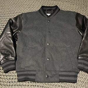 🏈 Old Navy M (8) Boys Corduroy Faux Leather Varsity Jacket Black Gray